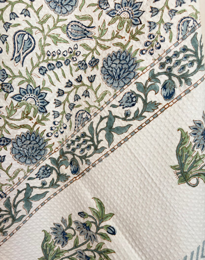 Indigo Creeper - Blockprinted Waffle Weave Cotton Bath Towel - Blue Green White