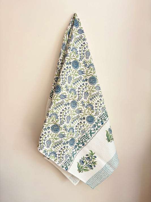 Indigo Creeper - Blockprinted Waffle Weave Cotton Bath Towel - Blue Green White