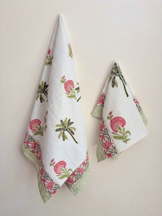 Gulabi Palm - Blockprinted Waffle Weave Cotton Bath & Towel set - Pink Green White