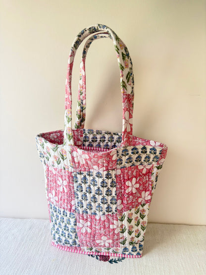 Peony & Primrose - Quilted Handblock Printed Cotton Patchwork Tapered Tote Bag - Pink White Indigo