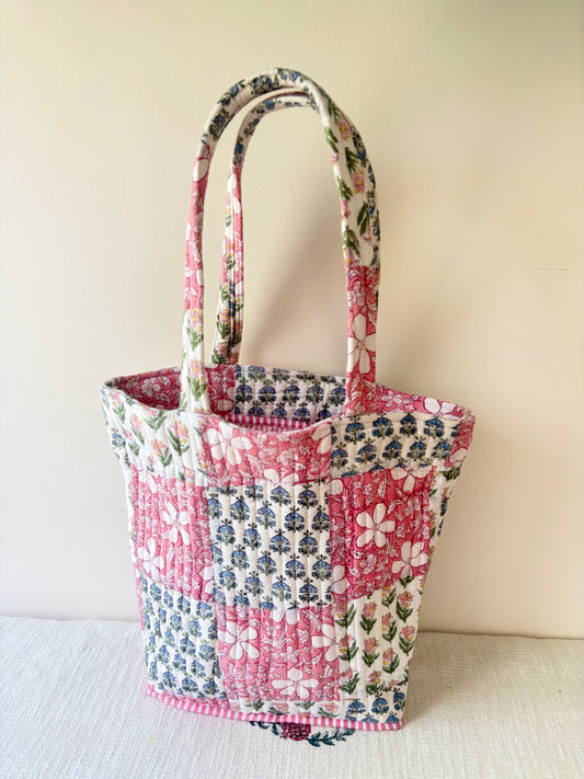 Blockprinted Cotton Tote Bag (Tapered) with pockets - Peony & Primrose patchwork