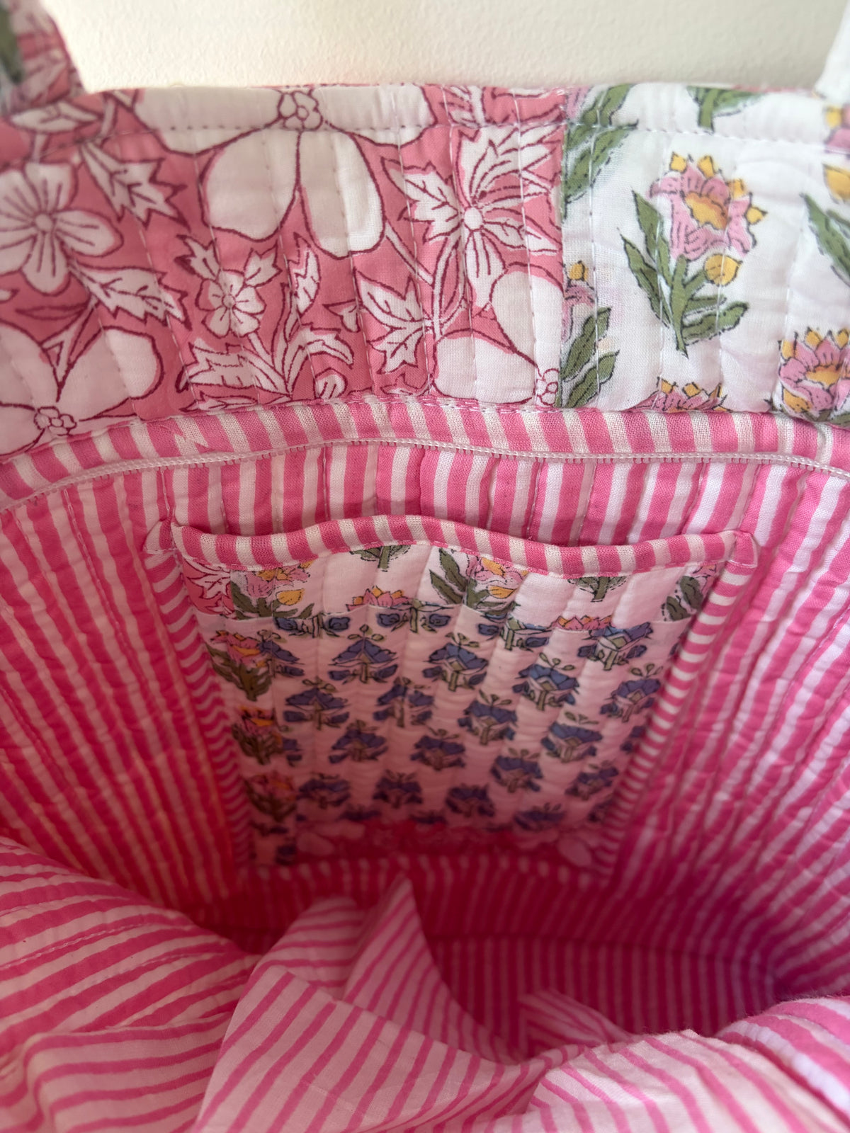 Peony & Primrose - Quilted Handblock Printed Cotton Patchwork Tapered Tote Bag - Pink White Indigo
