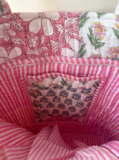 Peony & Primrose - Quilted Handblock Printed Cotton Patchwork Tapered Tote Bag - Pink White Indigo
