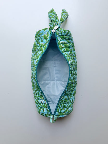 Blockprinted Quilted Cotton Round/Makeup/Stationery pouch (Sage Meadow)