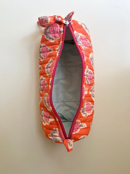 Blockprinted Quilted Cotton Round/Makeup/Stationery pouch (Orange)