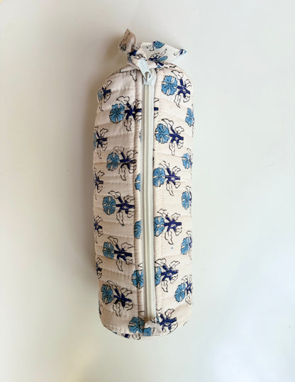 Blockprinted Quilted Cotton Round/Makeup/Stationery pouch (Sunday Floral)