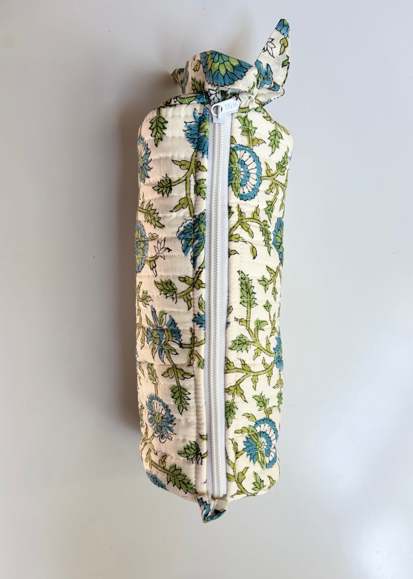 Blockprinted Quilted Cotton Round/Makeup/Stationery pouch (Green Vine)