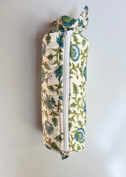 Blockprinted Quilted Cotton Round/Makeup/Stationery pouch (Green Vine)