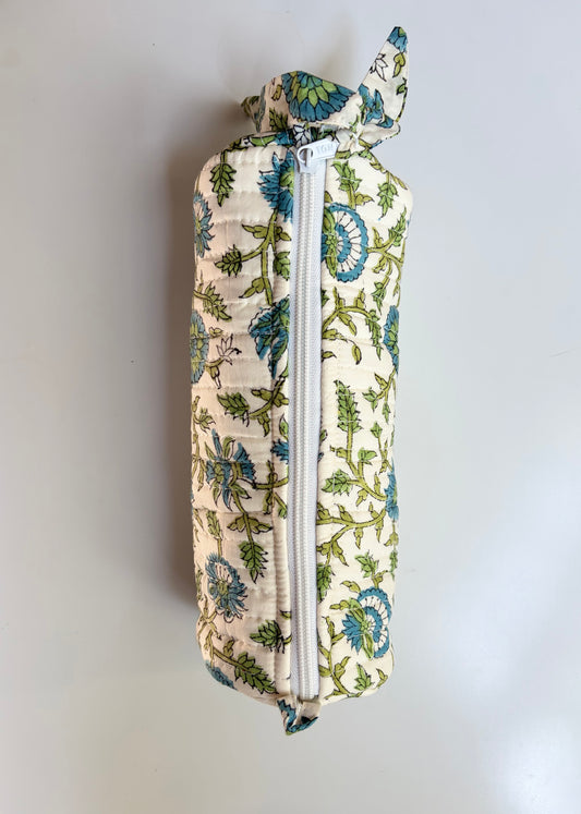 Blockprinted Quilted Cotton Round/Makeup/Stationery pouch (Green Vine)