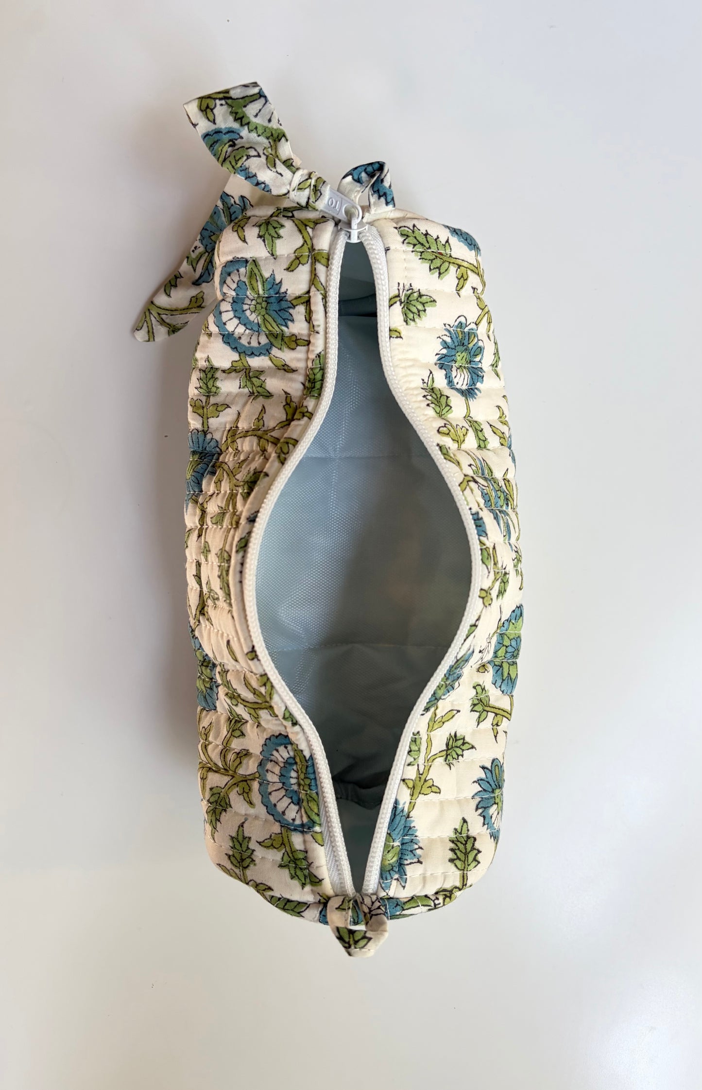 Blockprinted Quilted Cotton Round/Makeup/Stationery pouch (Green Vine)