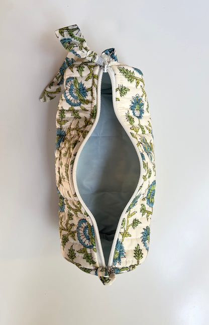 Blockprinted Quilted Cotton Round/Makeup/Stationery pouch (Green Vine)