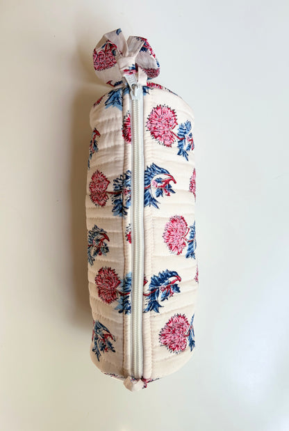 Blockprinted Quilted Cotton Round/Makeup/Stationery pouch (Indigo Rose)