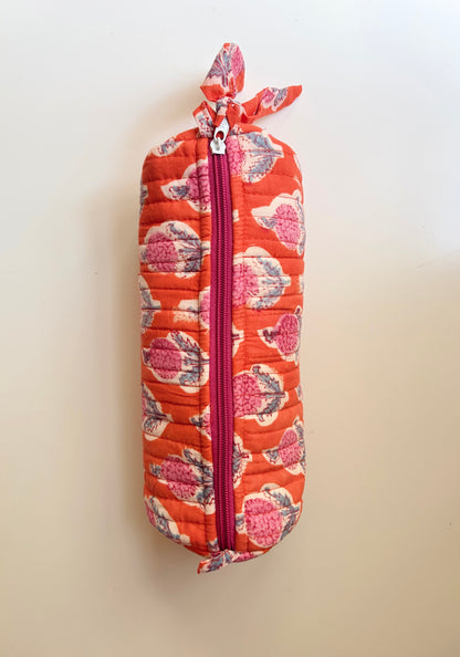 Blockprinted Quilted Cotton Round/Makeup/Stationery pouch (Orange)