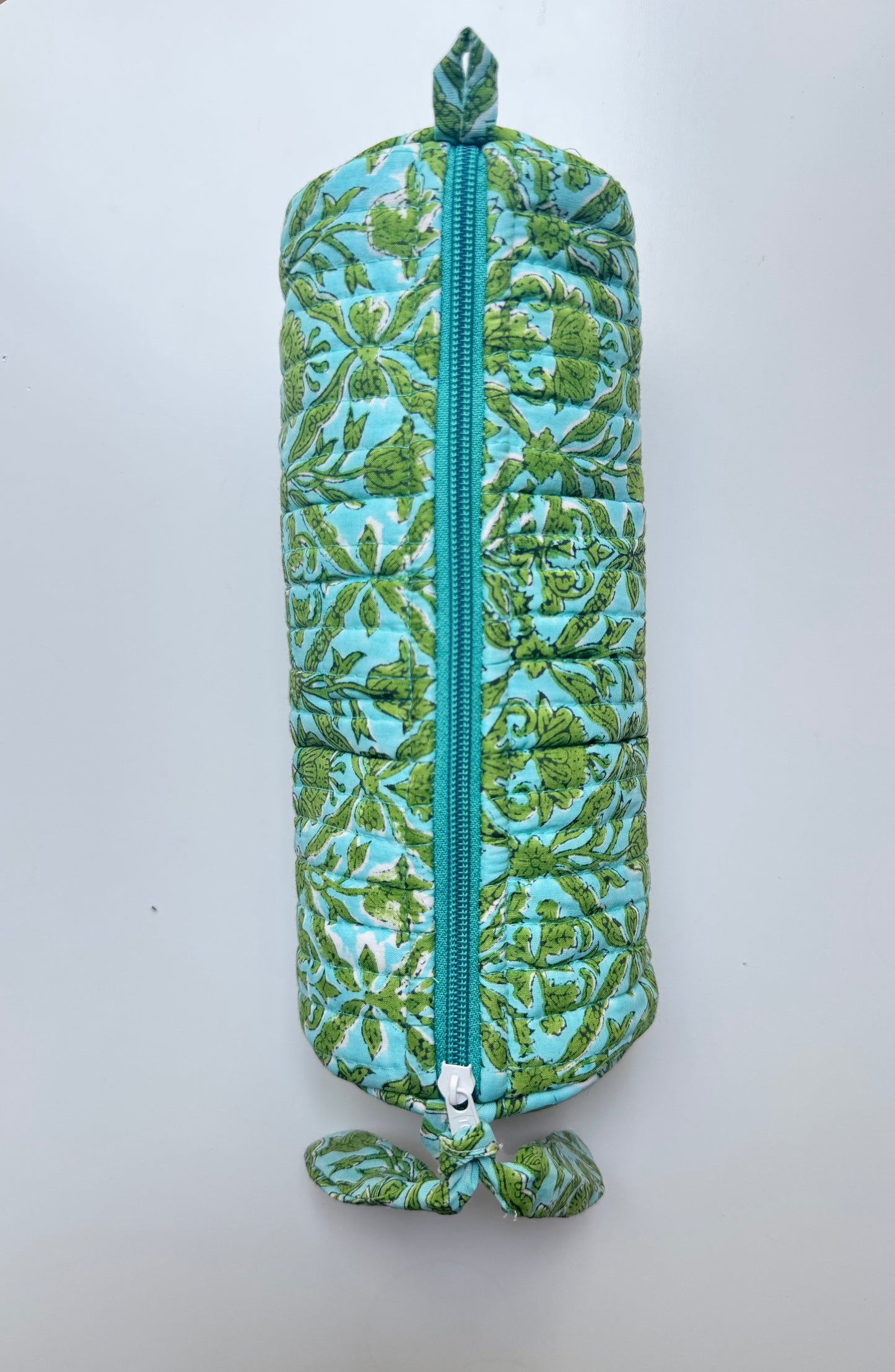 Blockprinted Quilted Cotton Round/Makeup/Stationery pouch (Sage Meadow)
