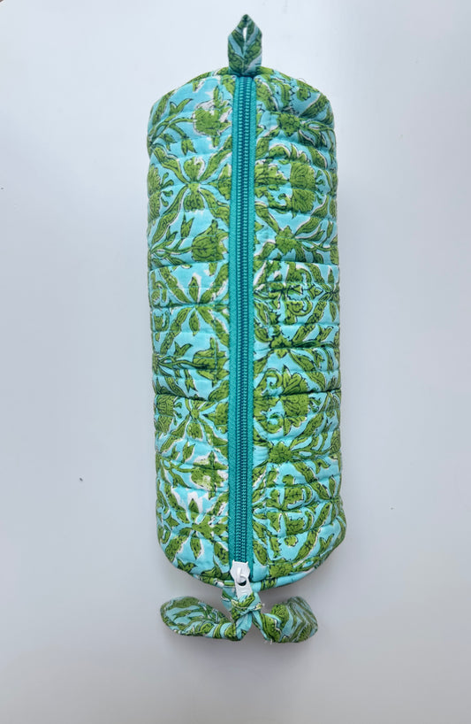 Blockprinted Quilted Cotton Round/Makeup/Stationery pouch (Sage Meadow)