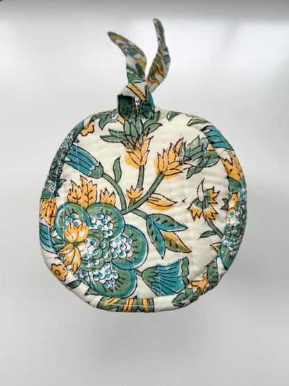 Wildwood Marigold - Blockprinted Quilted Cotton Round/Makeup/Stationery pouch - Green Yellow White