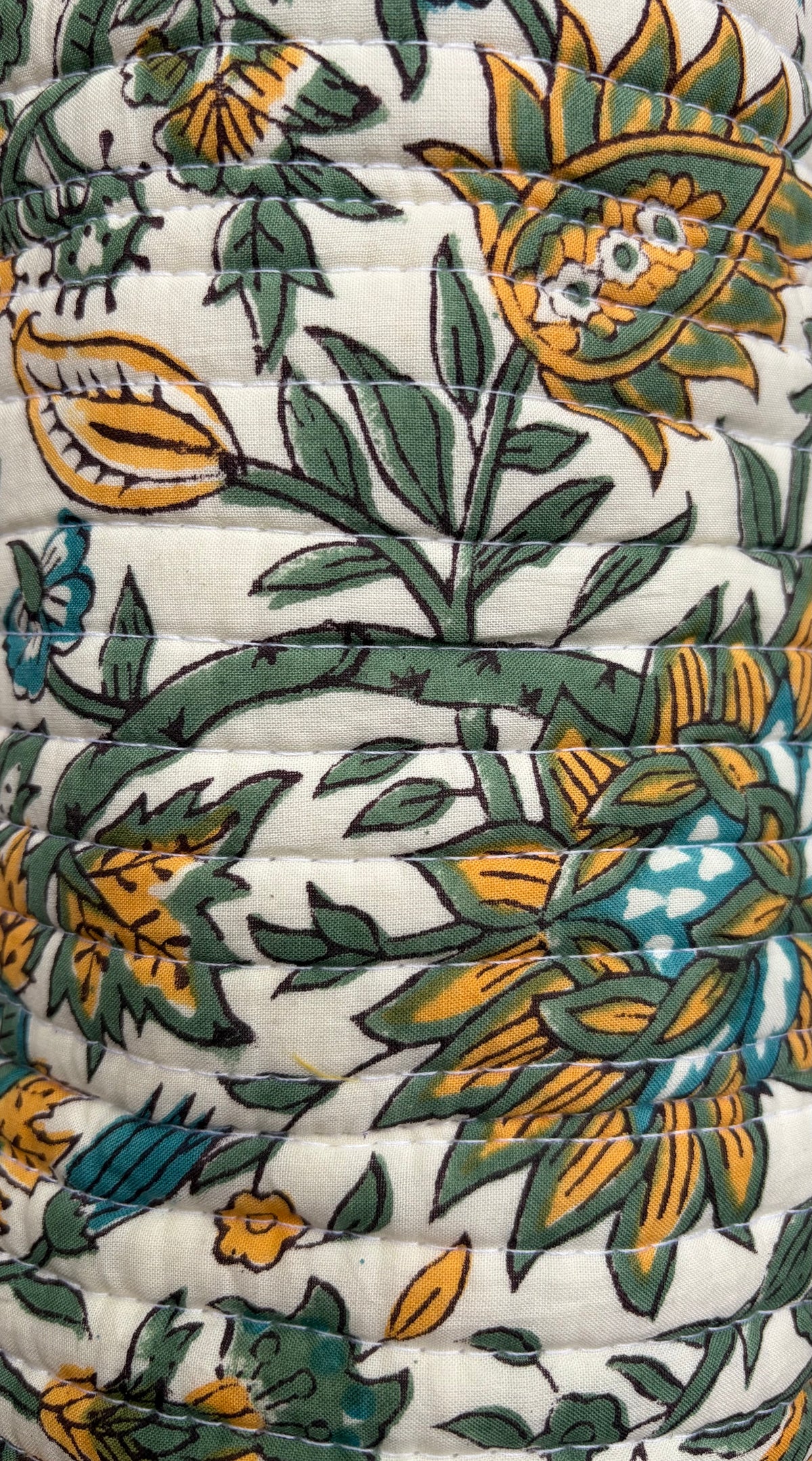 Wildwood Marigold - Blockprinted Quilted Cotton Round/Makeup/Stationery pouch - Green Yellow White