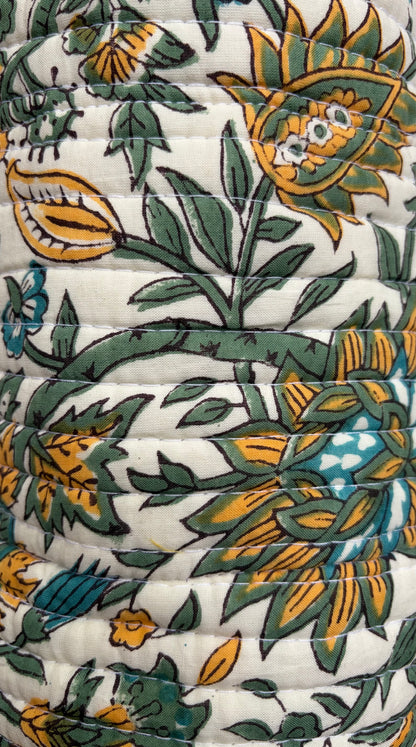 Wildwood Marigold - Blockprinted Quilted Cotton Round/Makeup/Stationery pouch - Green Yellow White