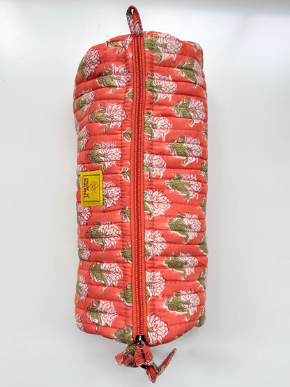 Saffron Harvest - Blockprinted Quilted Cotton Round/Makeup/Stationery pouch - Orange Green