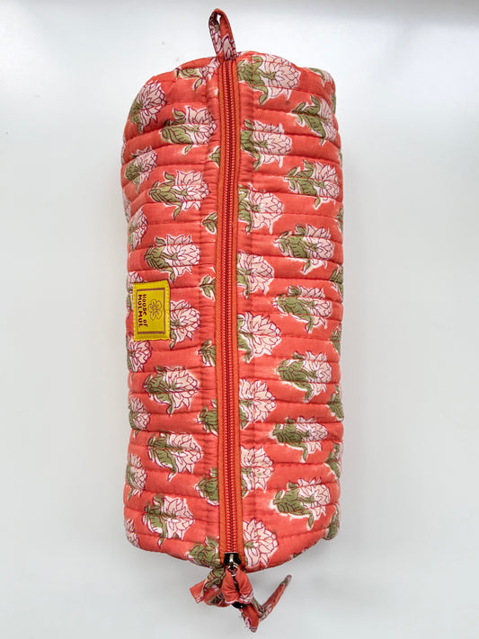 Saffron Harvest - Blockprinted Quilted Cotton Round/Makeup/Stationery pouch - Orange Green