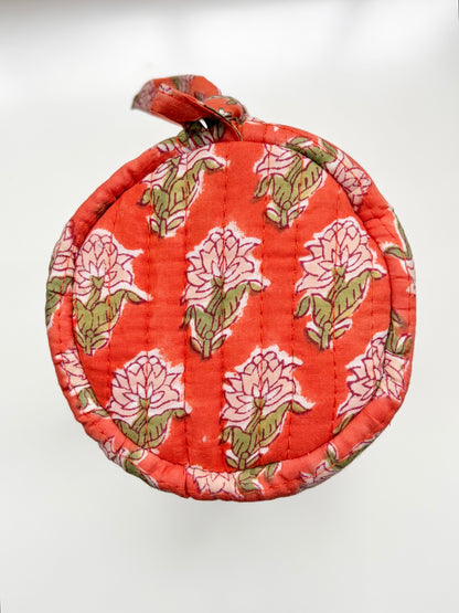 Saffron Harvest - Blockprinted Quilted Cotton Round/Makeup/Stationery pouch - Orange Green