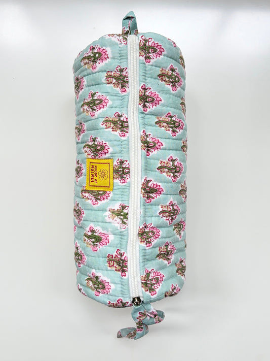 Teal Thistle - Blockprinted Quilted Cotton Round/Makeup/Stationery pouch - Aqua Pink
