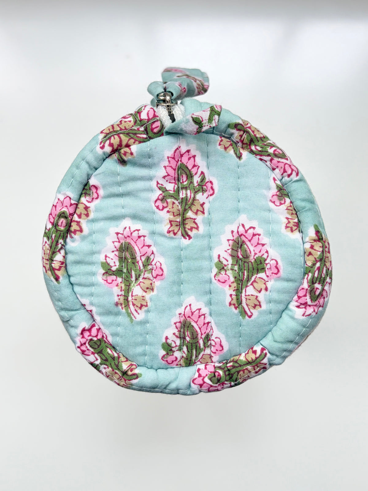 Teal Thistle - Blockprinted Quilted Cotton Round/Makeup/Stationery pouch - Aqua Pink