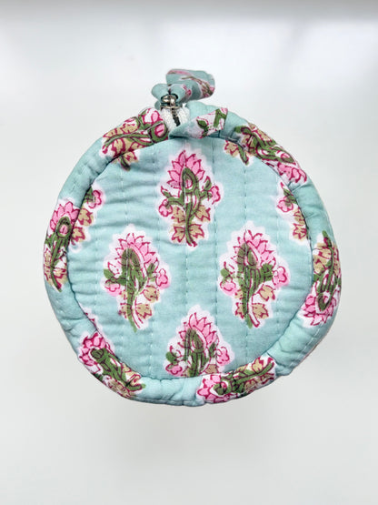 Teal Thistle - Blockprinted Quilted Cotton Round/Makeup/Stationery pouch - Aqua Pink