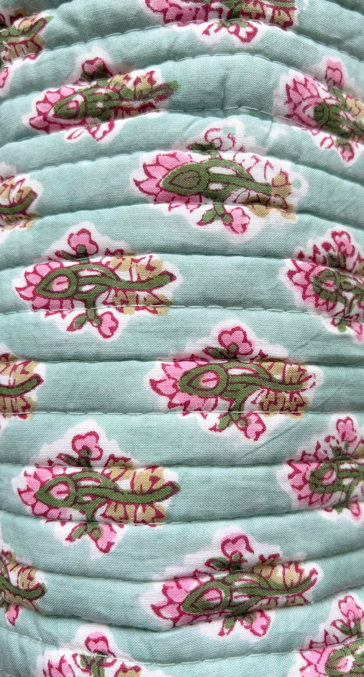 Teal Thistle - Blockprinted Quilted Cotton Round/Makeup/Stationery pouch - Aqua Pink