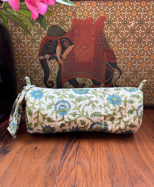 House of Mulmul - Cotton Quilted Makeup and Stationery Pouches. Blue, Green and White colors.
