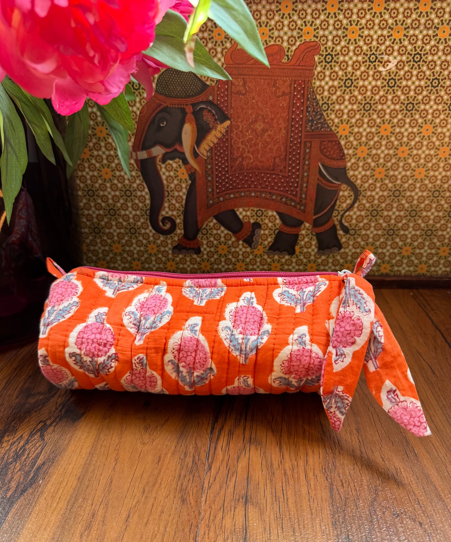 House of Mulmul - Cotton Quilted Makeup and Stationery Pouches. Pink, Orange and Grey colors.
