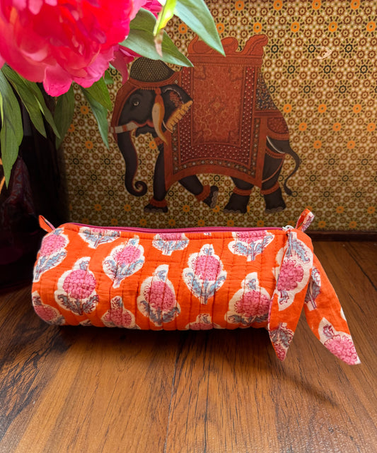 House of Mulmul - Cotton Quilted Makeup and Stationery Pouches. Pink, Orange and Grey colors.