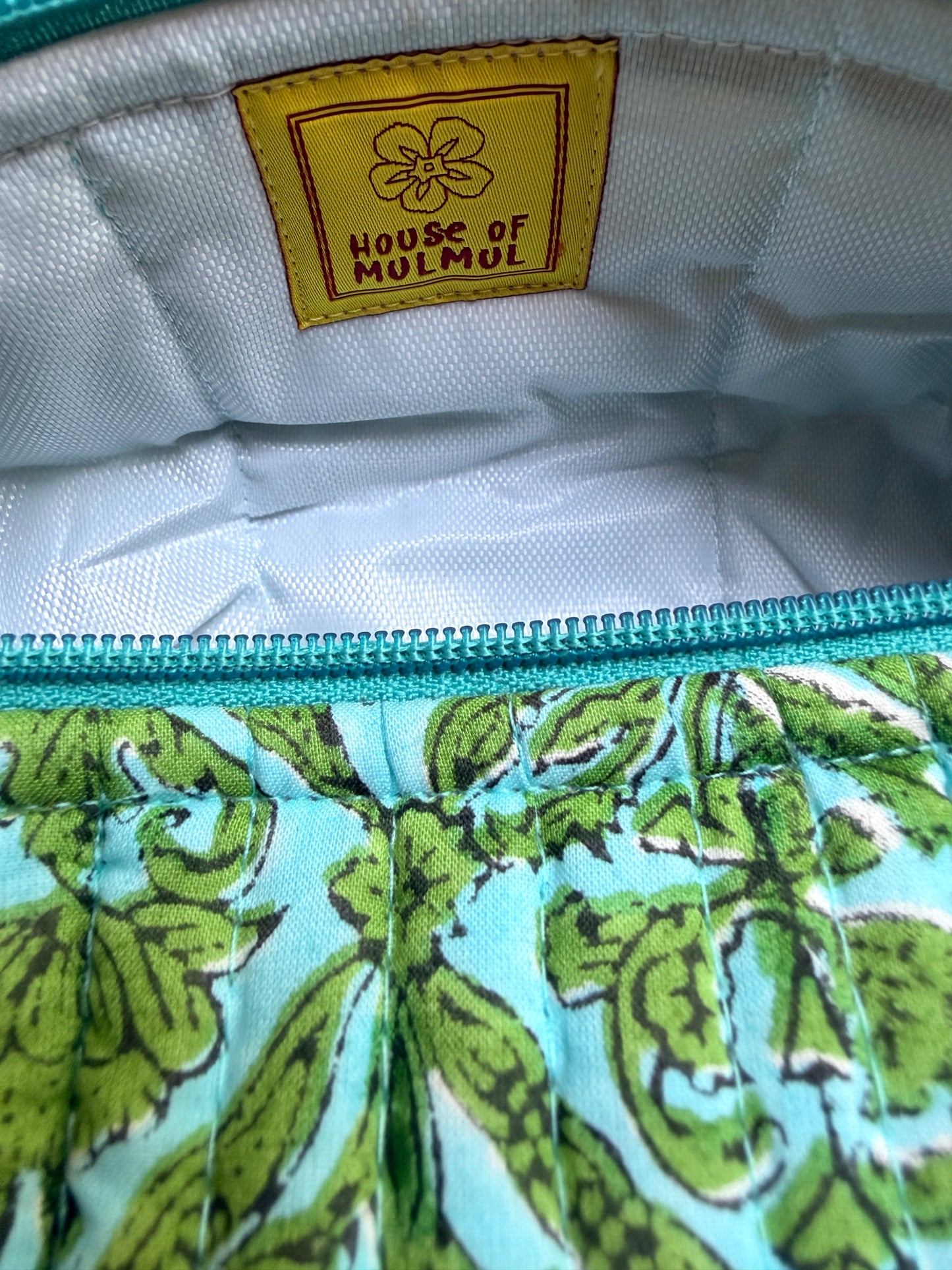 Blockprinted Quilted Cotton Round/Makeup/Stationery pouch (Sage Meadow)
