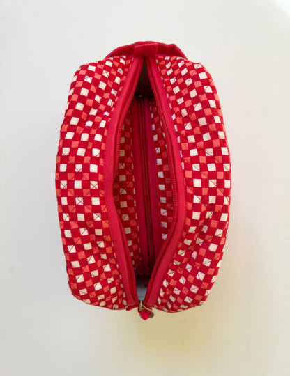 Winter Red Mosaic - Cotton Quilted Travel Makeup Utility Pouches (Set of 2)