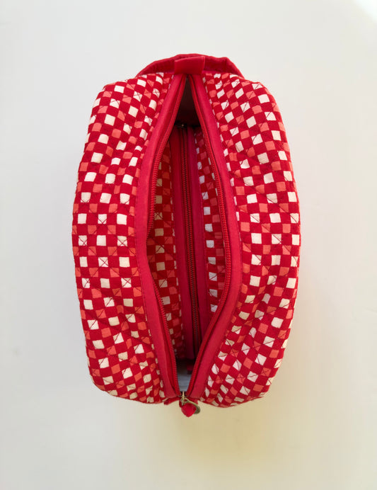 Winter Red Mosaic - Cotton Quilted Travel Makeup Utility Pouches (Set of 2)