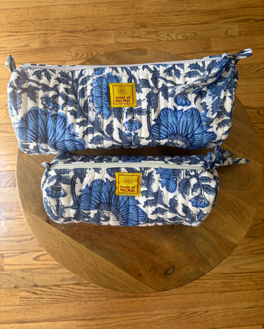 Blockprint Round/Makeup/Stationery pouches (Blue Vine)
