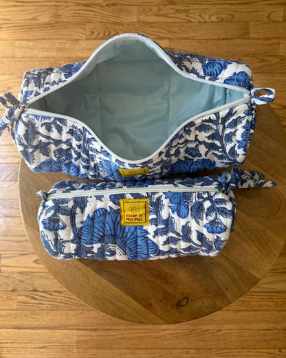 Blockprint Round/Makeup/Stationery pouches (Blue Vine)