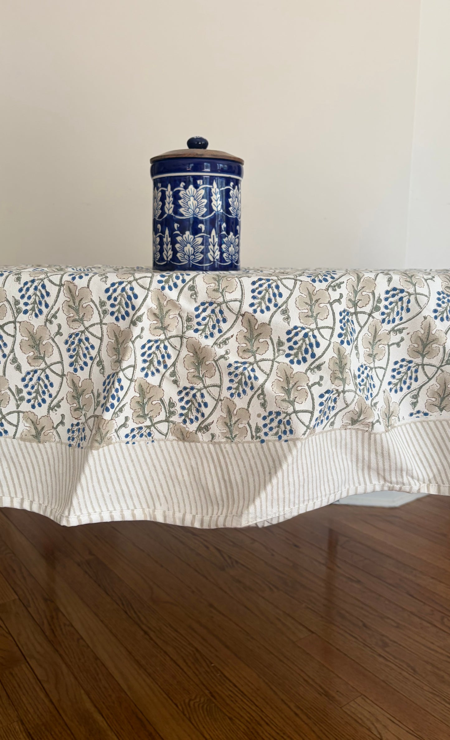 Earth & Indigo Block Print Cotton Tablecloth collection - Blue White Beige - Multiple Sizes