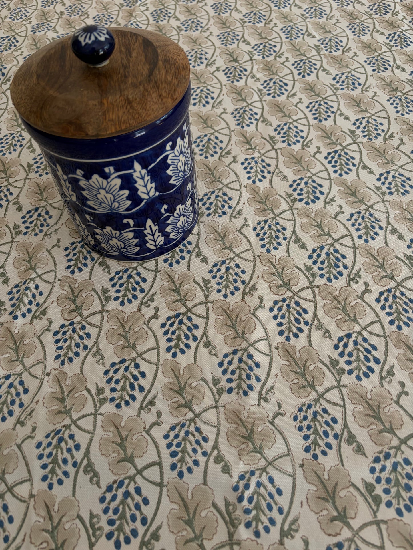 Earth & Indigo Block Print Cotton Tablecloth collection - Blue White Beige - Multiple Sizes