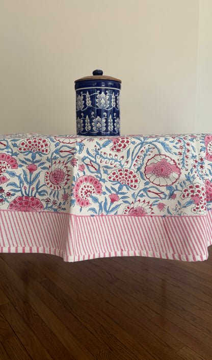 House of Mulmul - Blockprinted Cotton Table Cloth. Tablecloth with floral pattern on a wooden table