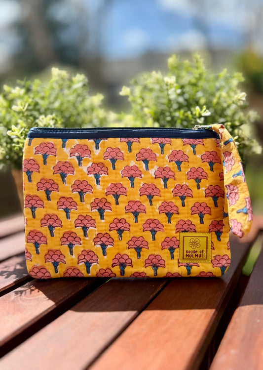 Block print Flat zip pouch - Quilted travel pouch - Passport pouch - Yellow