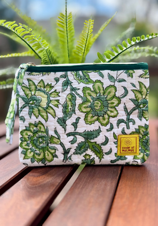 Block print Flat zip pouch - Quilted travel pouch - Passport pouch - Green Vine