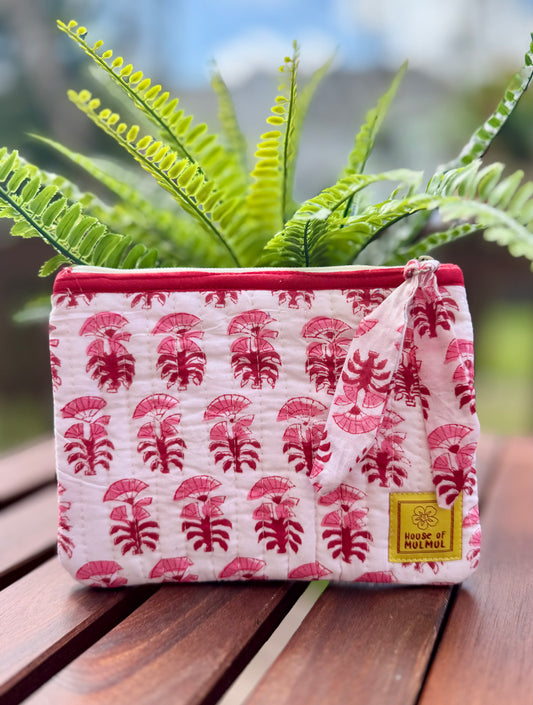 Block print Flat zip pouch - Quilted travel pouch - Passport pouch - Pink White