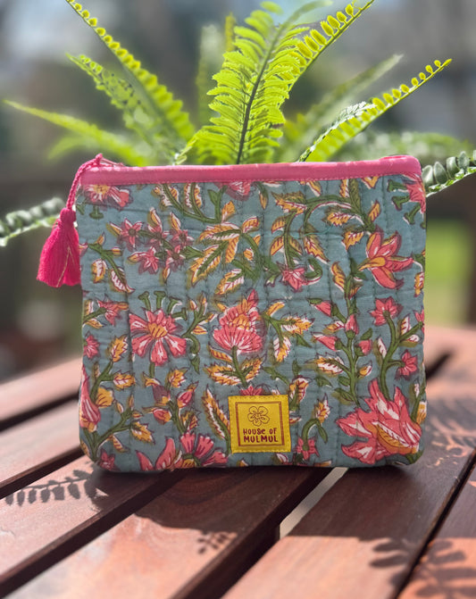 Block print Flat zip pouch - Quilted travel pouch - Passport pouch - Sea Green