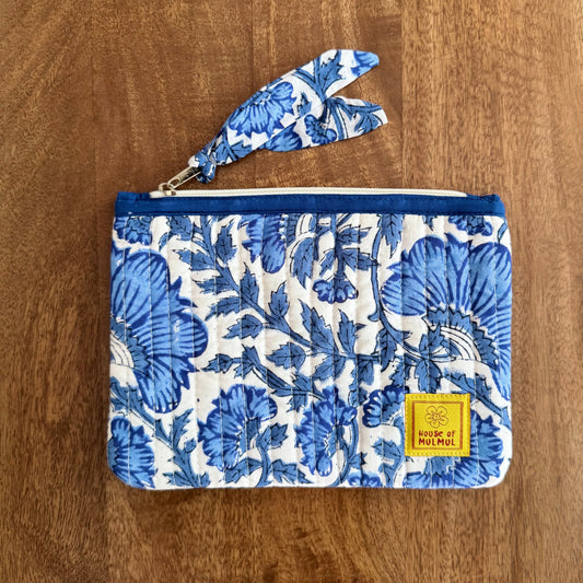 Block print Flat zip pouch - Quilted travel pouch - Passport pouch - Blue Vine