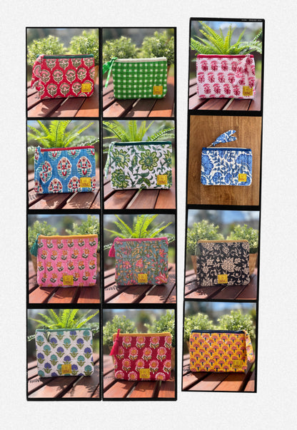 Block print Flat zip pouch - Quilted travel pouch - Passport pouch - Green Vine