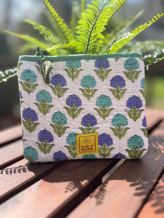 Block print Flat zip pouch - Quilted travel pouch - Passport pouch - White Purple