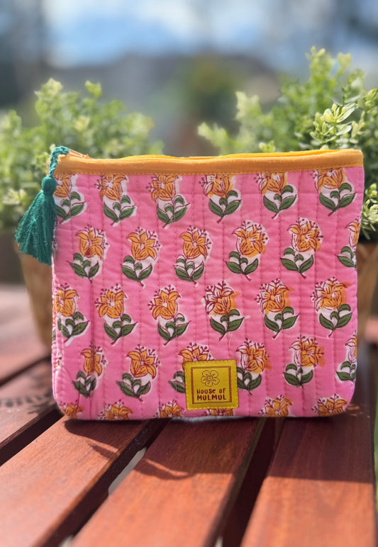 Block print Flat zip pouch - Quilted travel pouch - Passport pouch - Pink