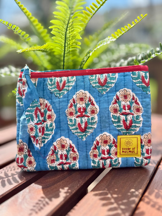 Block print Flat zip pouch - Quilted travel pouch - Passport pouch - Blue