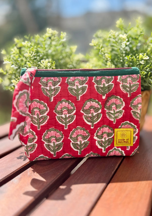 Block print Flat zip pouch - Quilted travel pouch - Passport pouch - Crimson